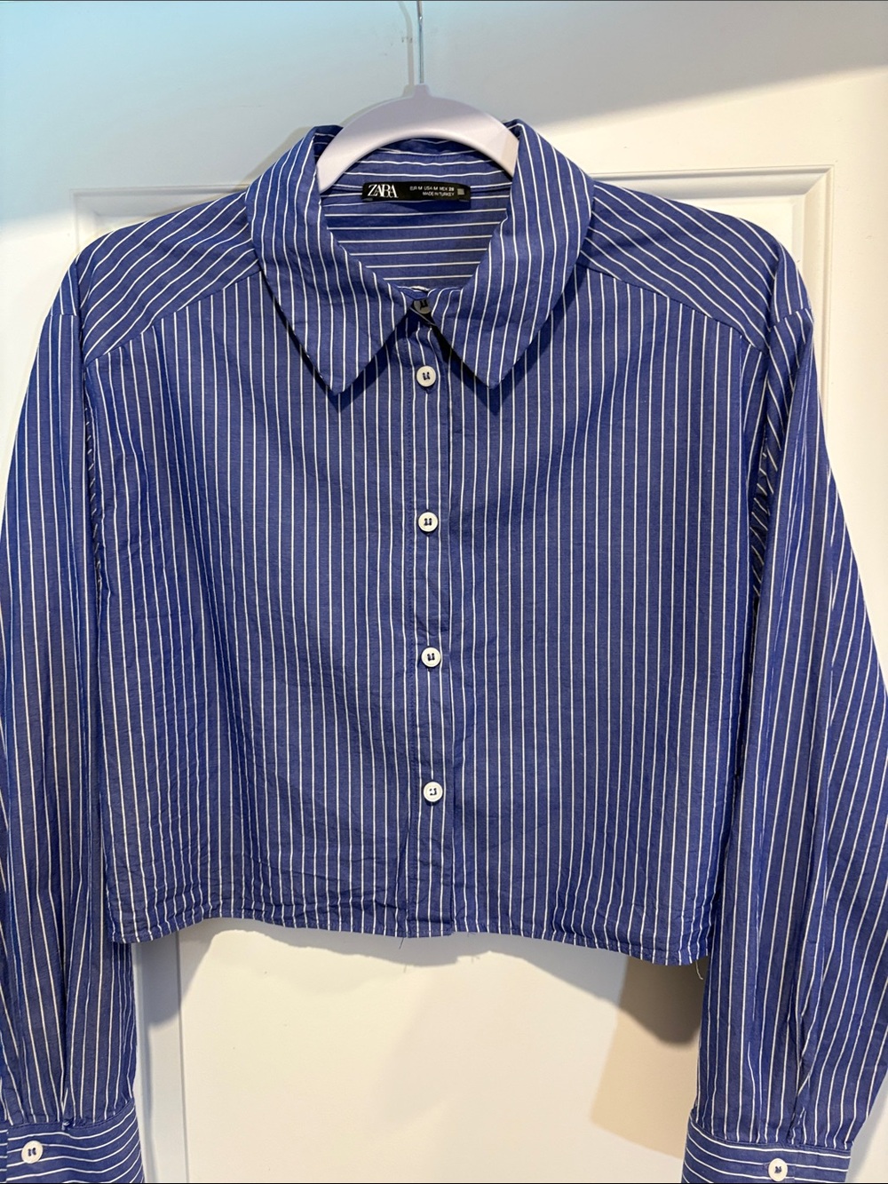 Zara Button Down Shirt, Cotton Poplin, Cropped, Blue & White Stripe, M - Picture 7 of 13